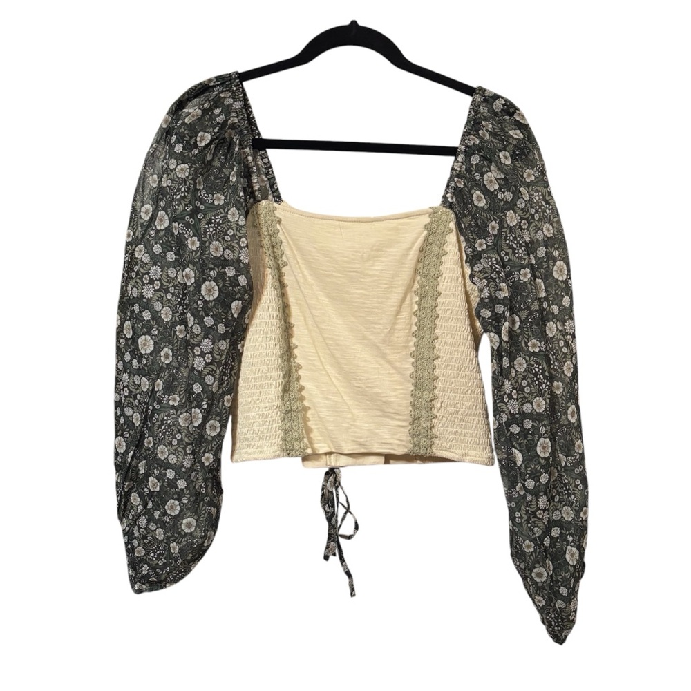Anthropologie Forever That Girl Floral Puff Sleeve Top in Cream and Green